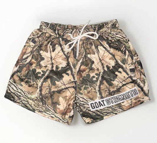 Goat Strength - Men’s 5 inch inseam shorts - Mesh athletic Alternate Logo Hunter Camo Shorts - Zipper pockets - Men's Shorts