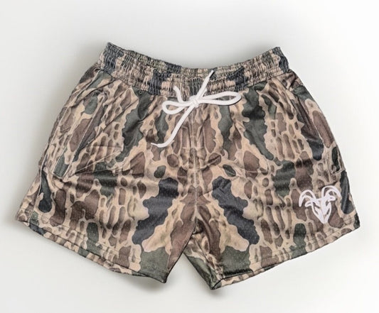 Goat Strength - Men’s 5 inch inseam shorts - Mesh athletic Bottomland Camo Shorts - Zipper pockets - Men's Shorts