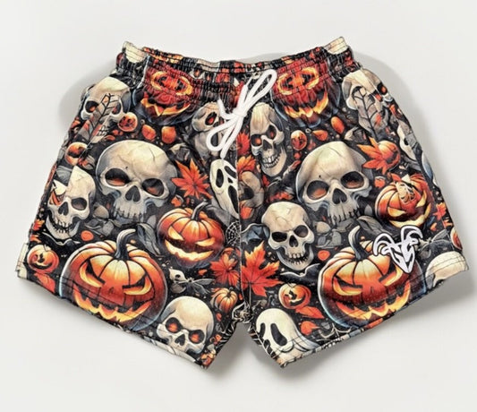 Goat Strength - Men’s 5 inch inseam shorts - Mesh athletic Skull and Jack-o-Lantern Halloween Shorts - Zipper pockets - Men's Shorts