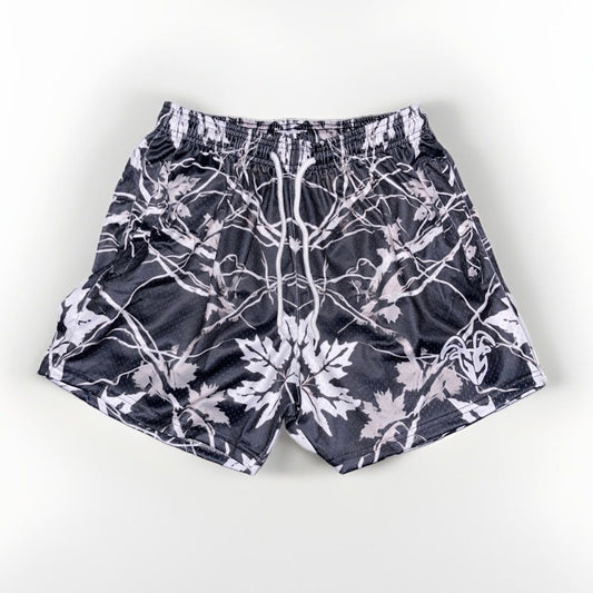 Black and White Maple Camo Goat Strength Mesh Gym Shorts - 5 inch inseam shorts- Zipper Pockets