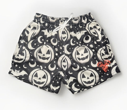 Goat Strength - Men’s 5 inch inseam shorts - Mesh athletic White Moon and Jack-o-Lantern Halloween Shorts - Zipper pockets - Men's Shorts