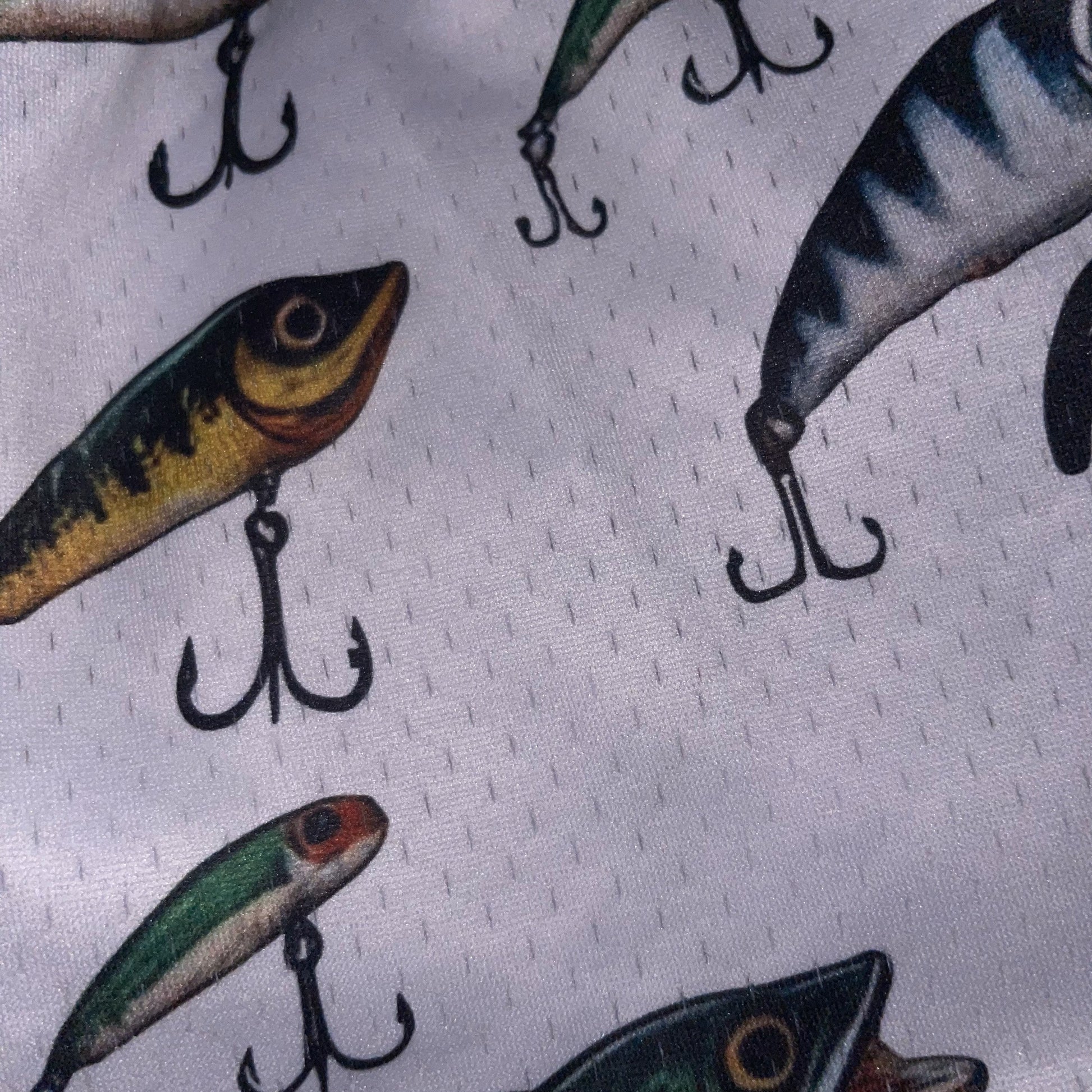 blue shorts colored fishing lures Goat Strength - Men’s 5 inch inseam shorts - Mesh athletic Fishing Design shorts - Fishing lure Design shorts - Zipper pockets