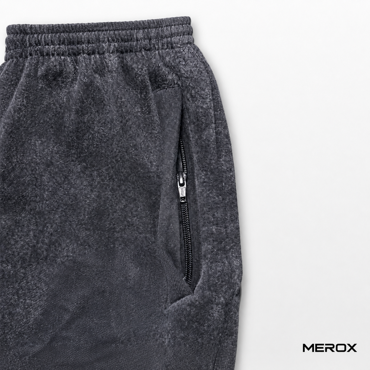 MEROX Black Acid Wash cotton shorts zipper pocket detail