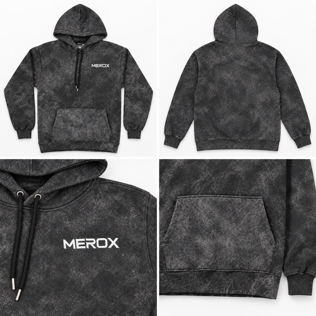 MEROX black acid wash embroidered hoodie collage with front back logo and pocket details