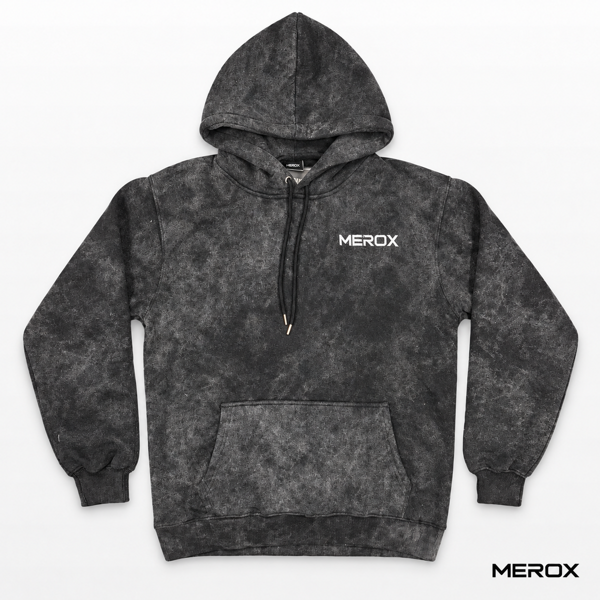 MEROX black acid wash embroidered hoodie front