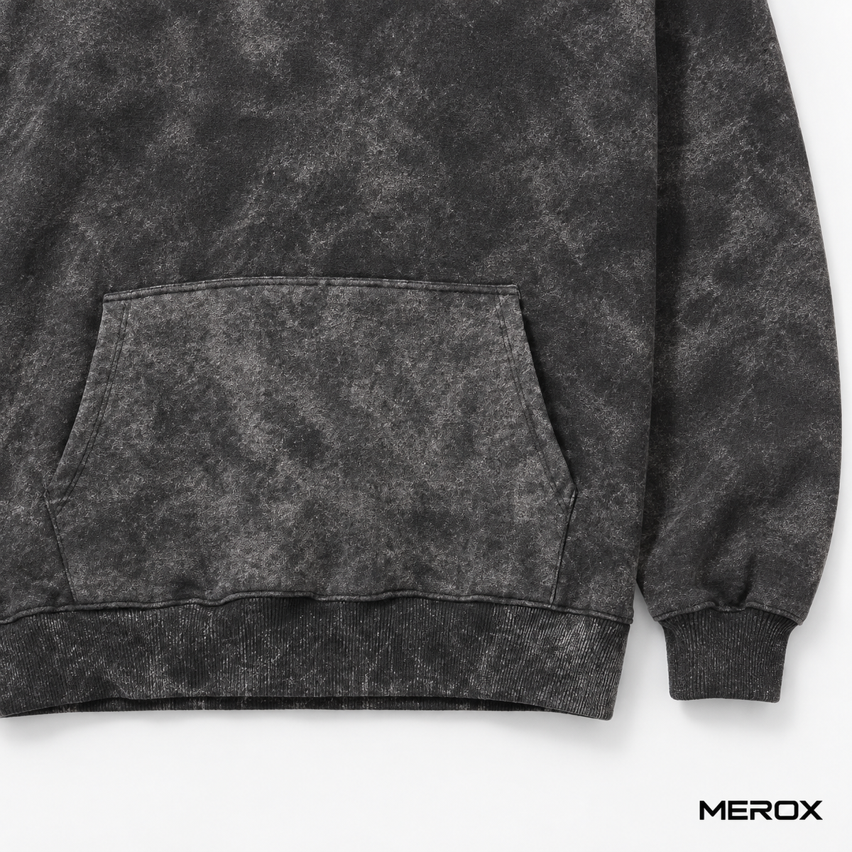 MEROX black acid wash hoodie kangaroo pocket detail