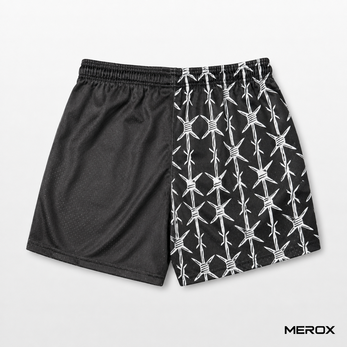 MEROX Black Half Barbed Wire 5-inch mesh shorts back view with split design
