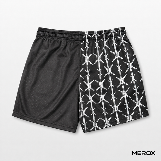 MEROX Black Half Barbed Wire 5-inch mesh shorts back view with split design