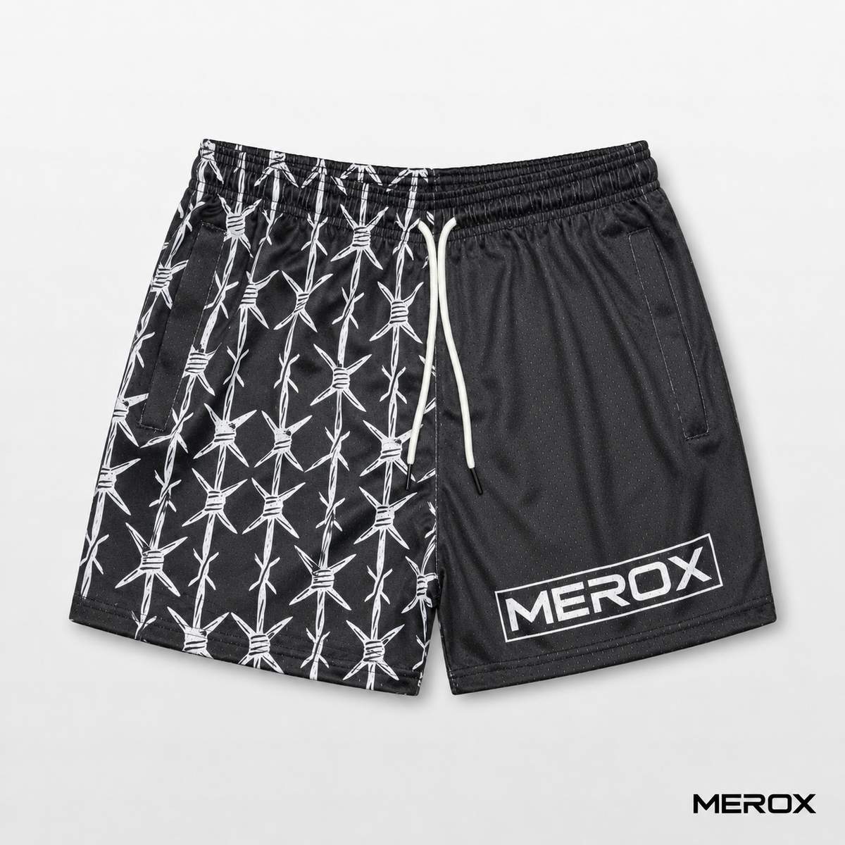 MEROX Black Half Barbed Wire 5-inch mesh shorts front view with split black and white wire print