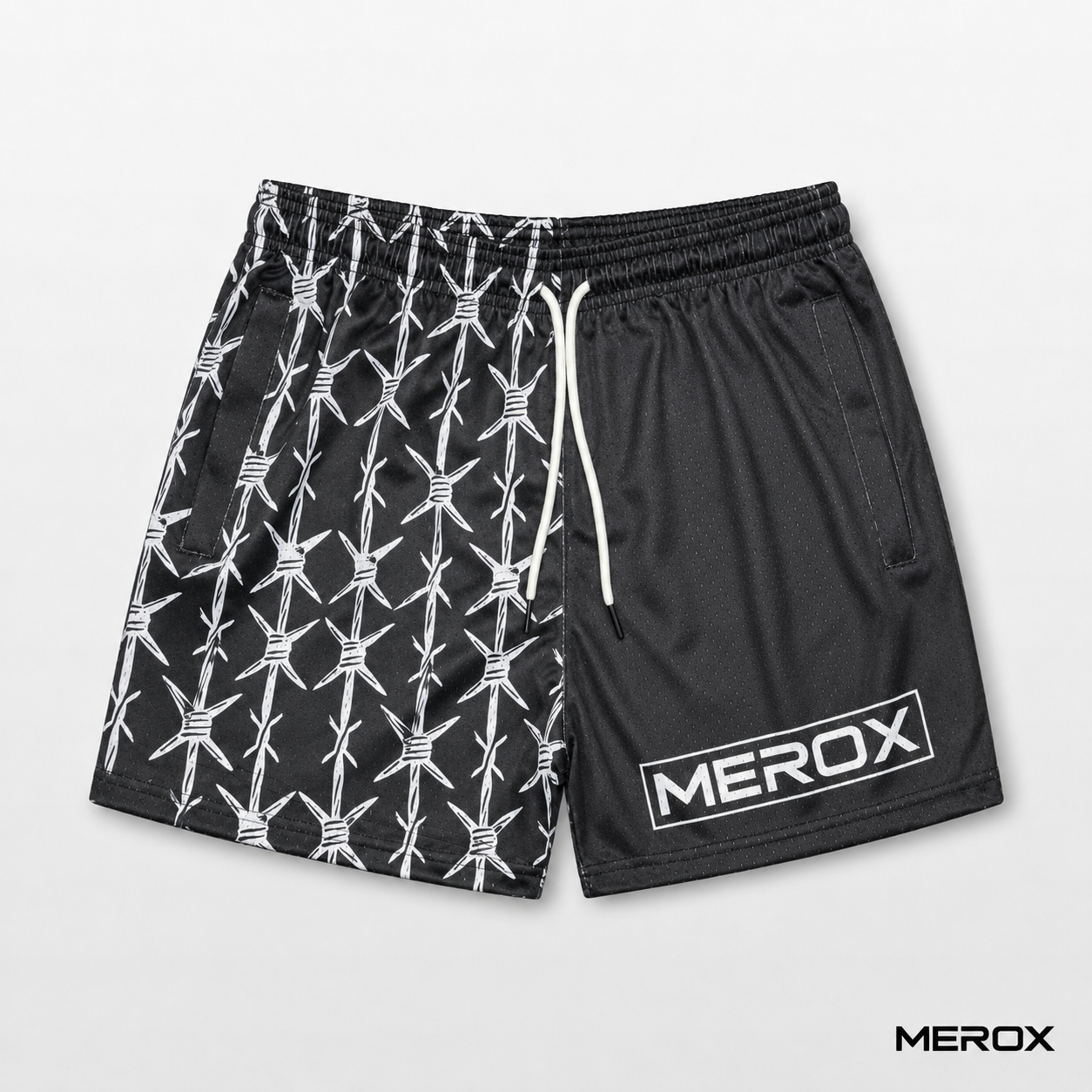MEROX Black Half Barbed Wire 5-inch mesh shorts front view with split black and white wire print
