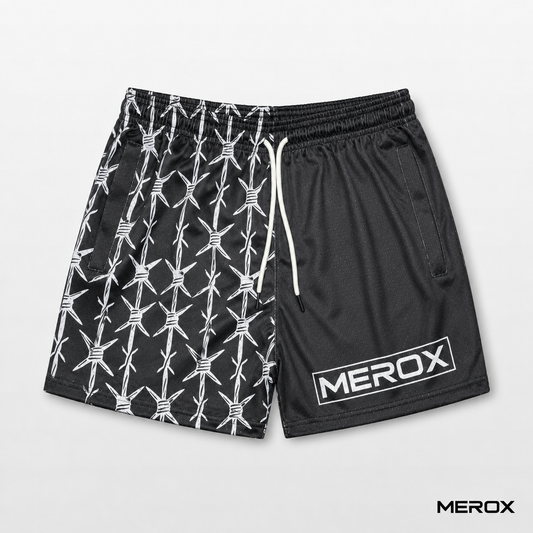 MEROX Black Half Barbed Wire 5-inch mesh shorts front view with split black and white wire print