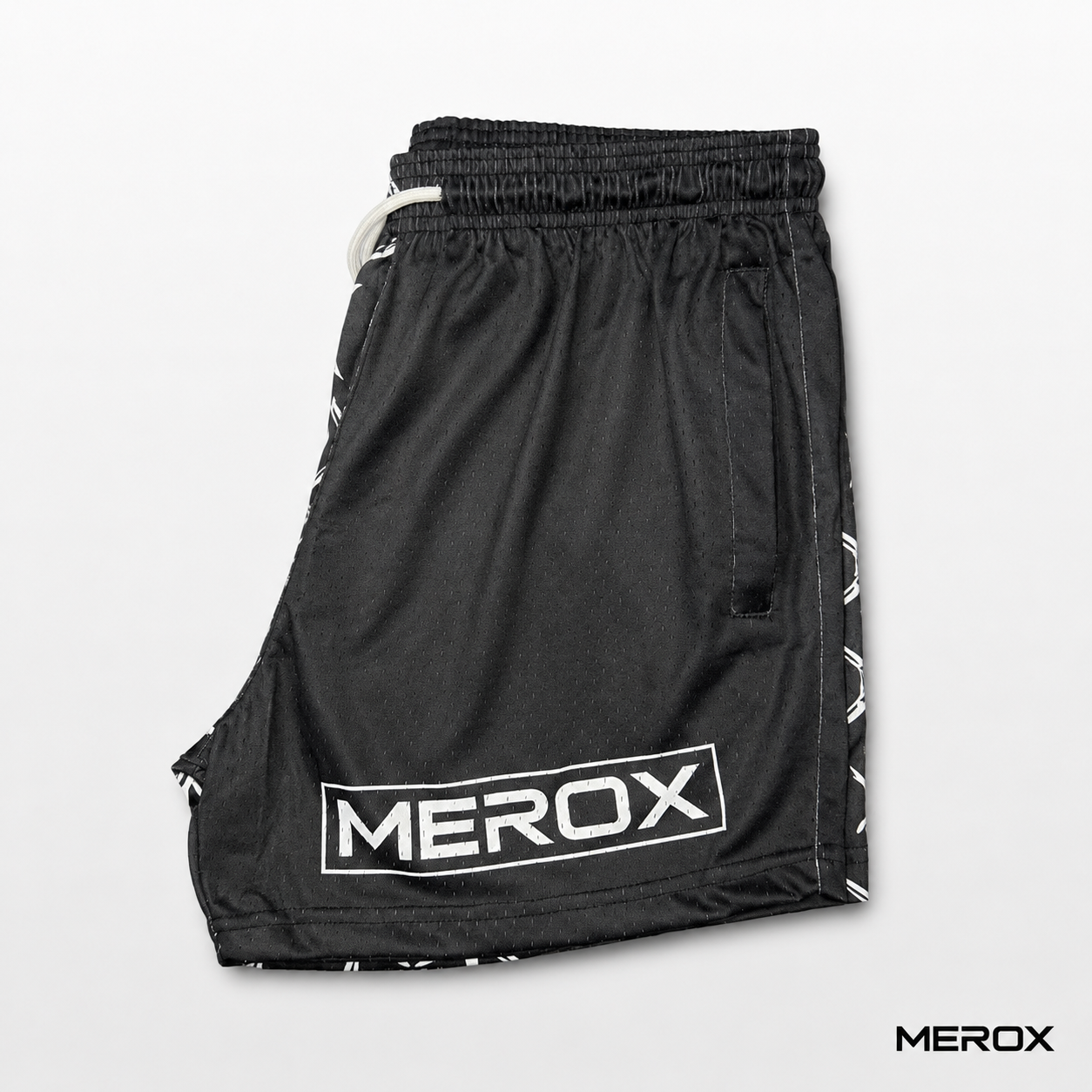 MEROX Black Half Barbed Wire mesh shorts branded side view
