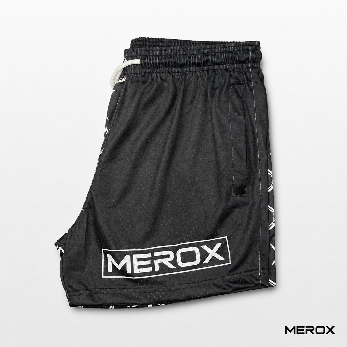 MEROX Black Half Barbed Wire mesh shorts branded side view