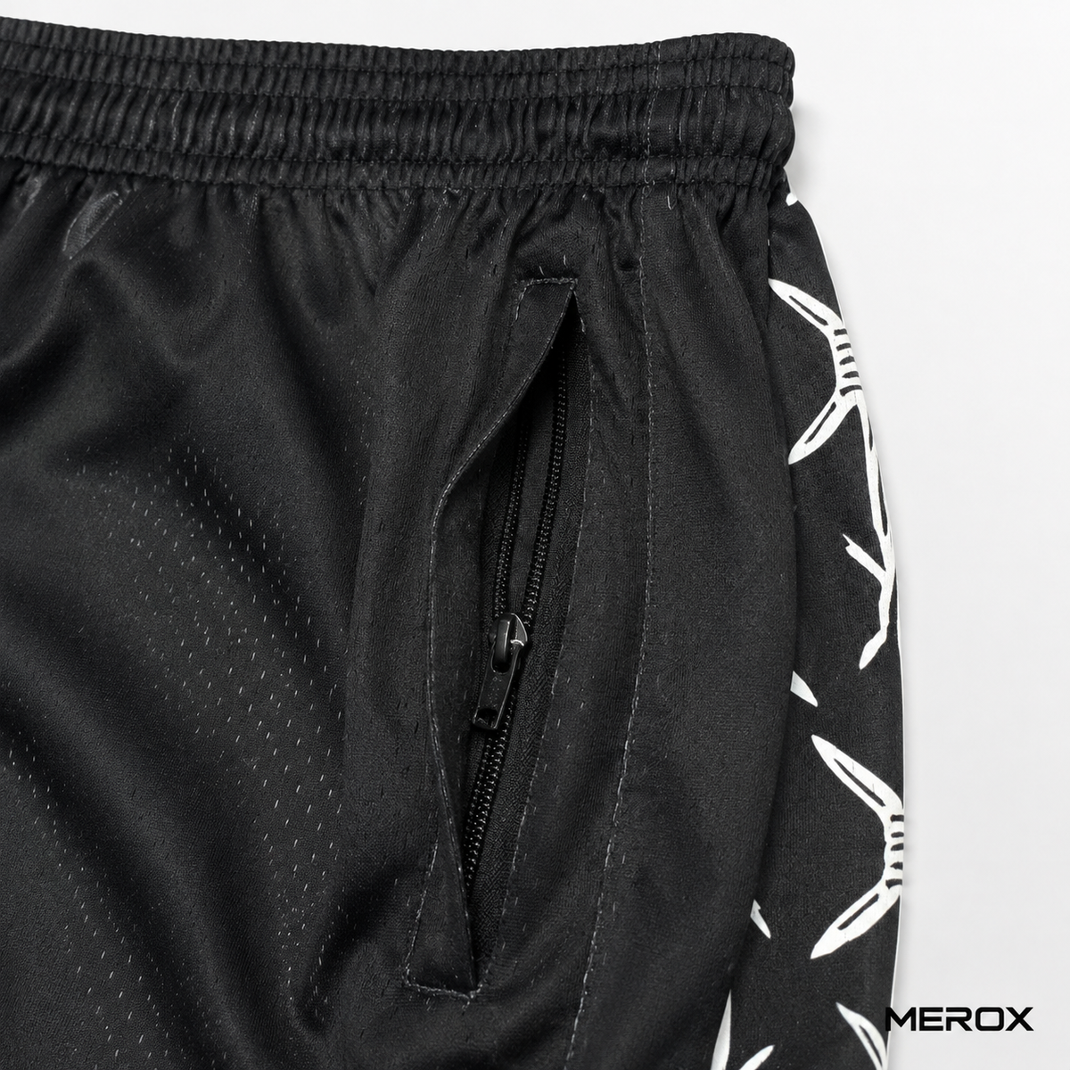 MEROX Black Half Barbed Wire mesh shorts zipper pocket detail