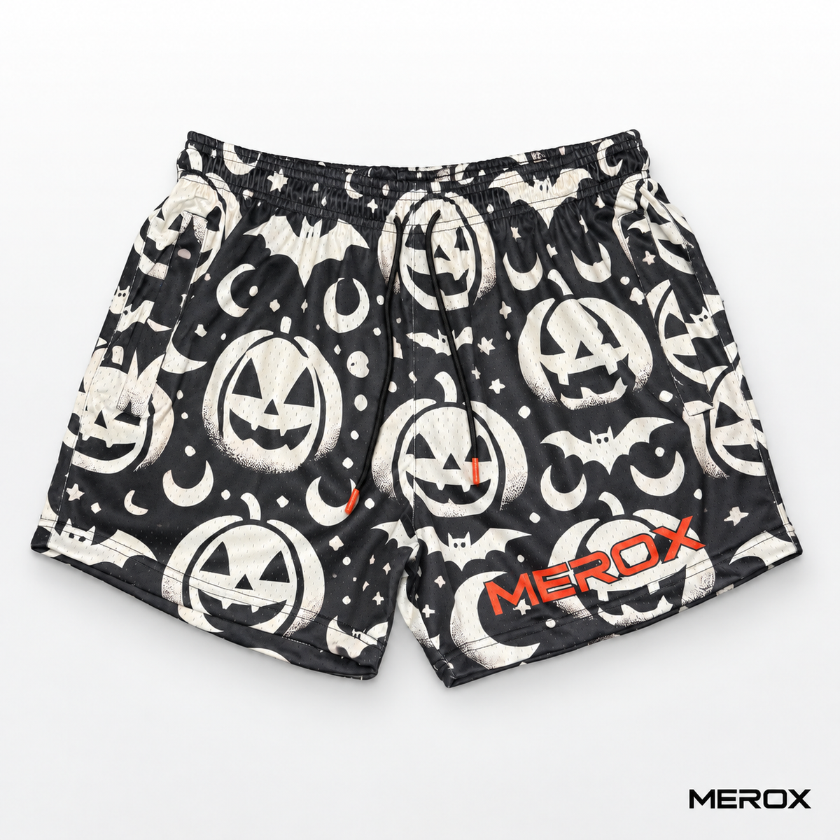MEROX Black and White Jack-o'-Lantern 5-inch mesh shorts front view