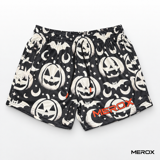 MEROX Black and White Jack-o'-Lantern 5-inch mesh shorts front view