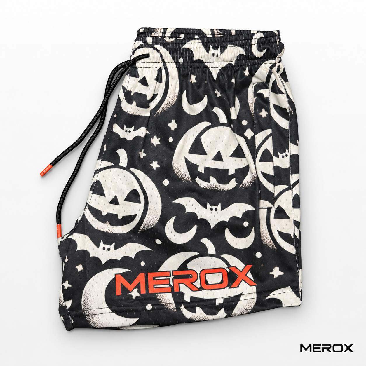 MEROX Black and White Jack-o'-Lantern mesh shorts side view