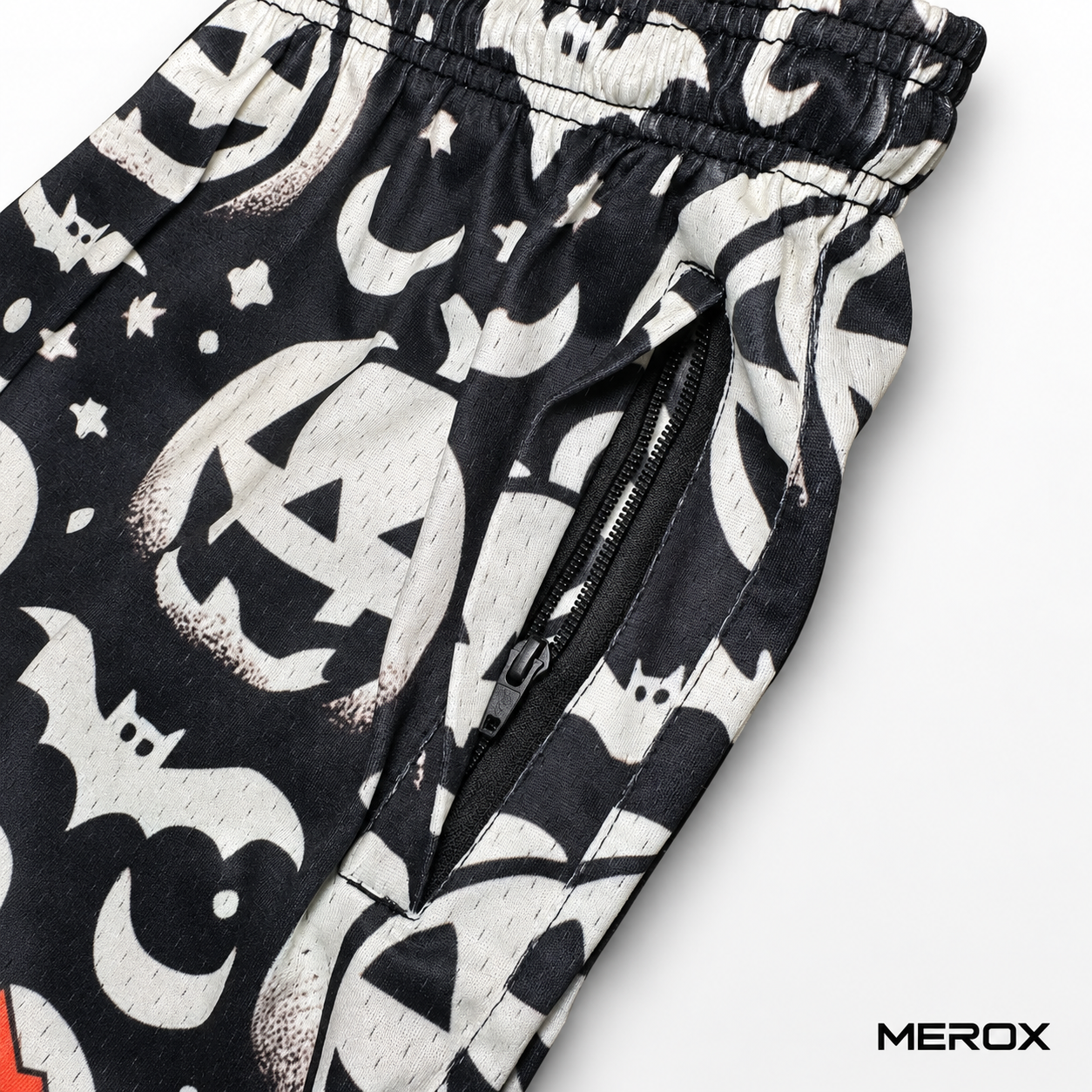 MEROX Black and White Jack-o'-Lantern mesh shorts zipper pocket detail
