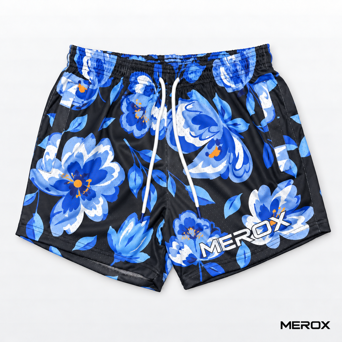MEROX Blue Floral 5-inch mesh shorts front view