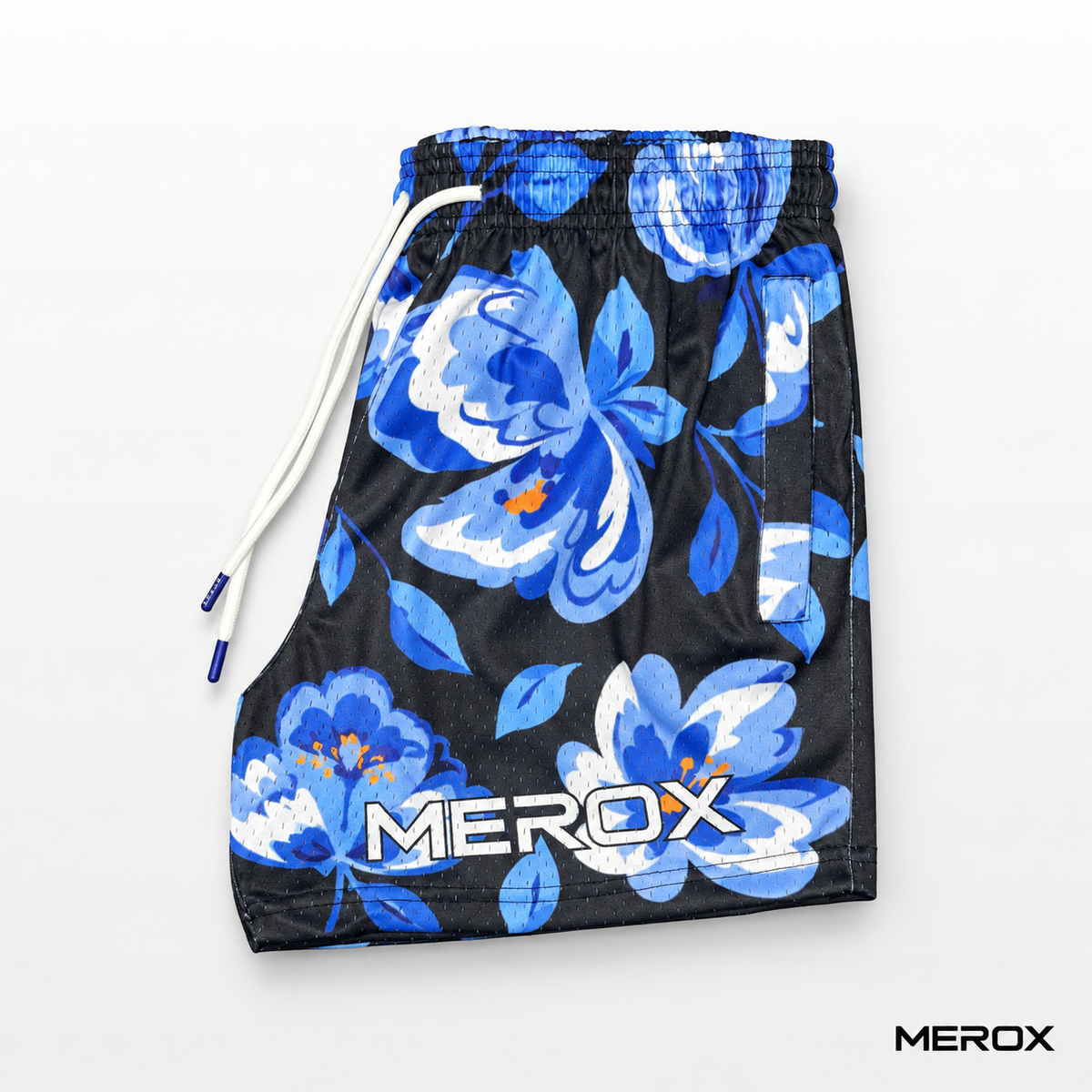 MEROX Blue Floral mesh shorts side view with zipper pocket