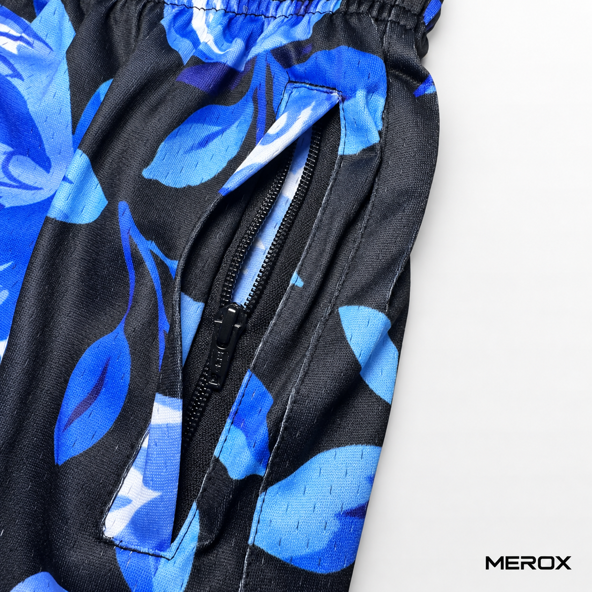 MEROX Blue Floral mesh shorts secure zipper pocket detail
