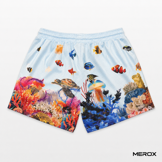 MEROX Blue Ocean 5-inch mesh shorts back view with coral reef and tropical fish print