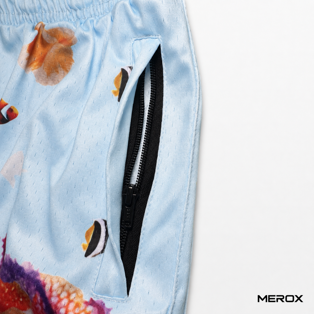 MEROX Blue Ocean mesh shorts black zipper pocket detail on breathable mesh fabric