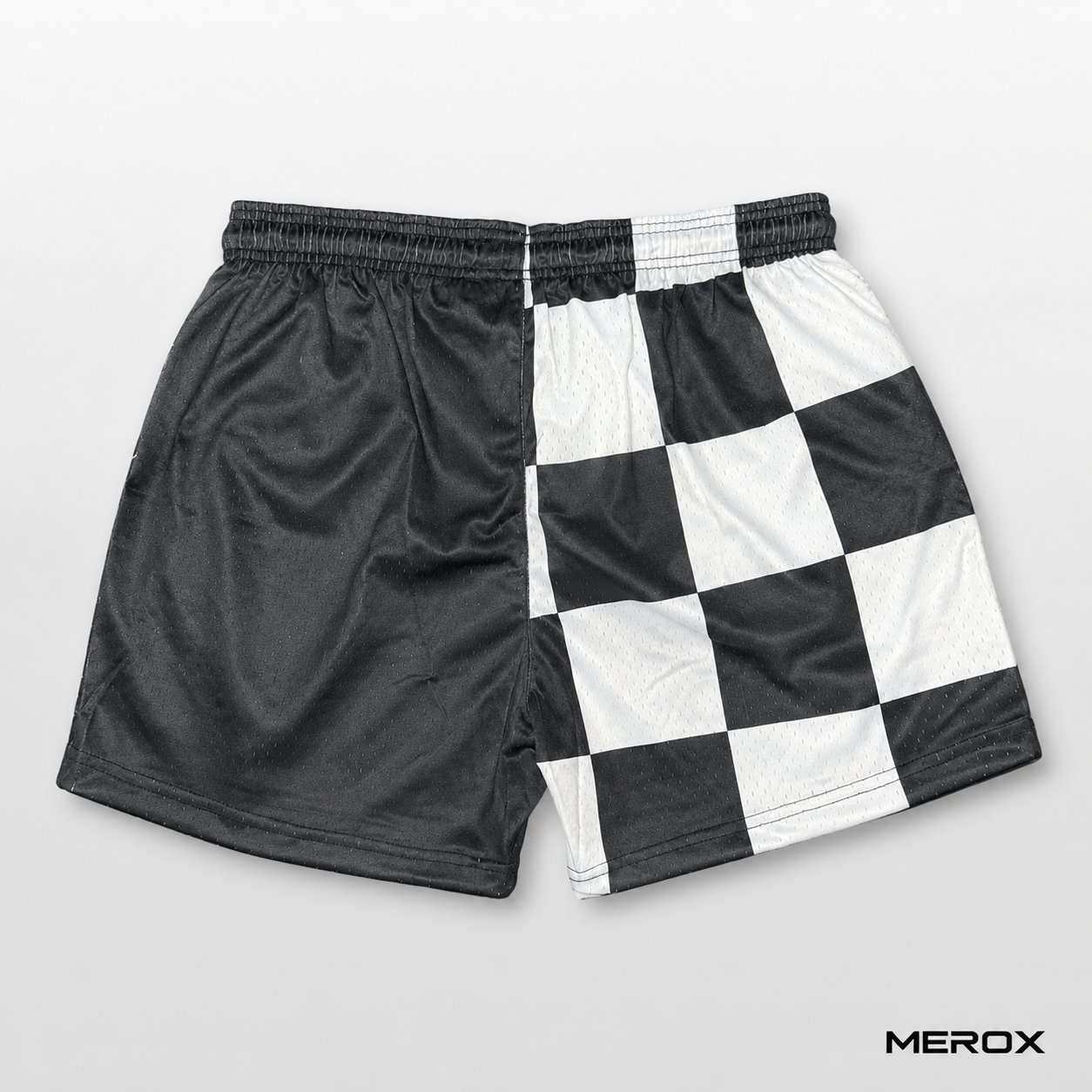 MEROX black and white checkered 5-inch mesh shorts back view