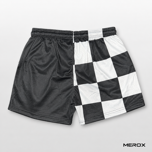 MEROX black and white checkered 5-inch mesh shorts back view