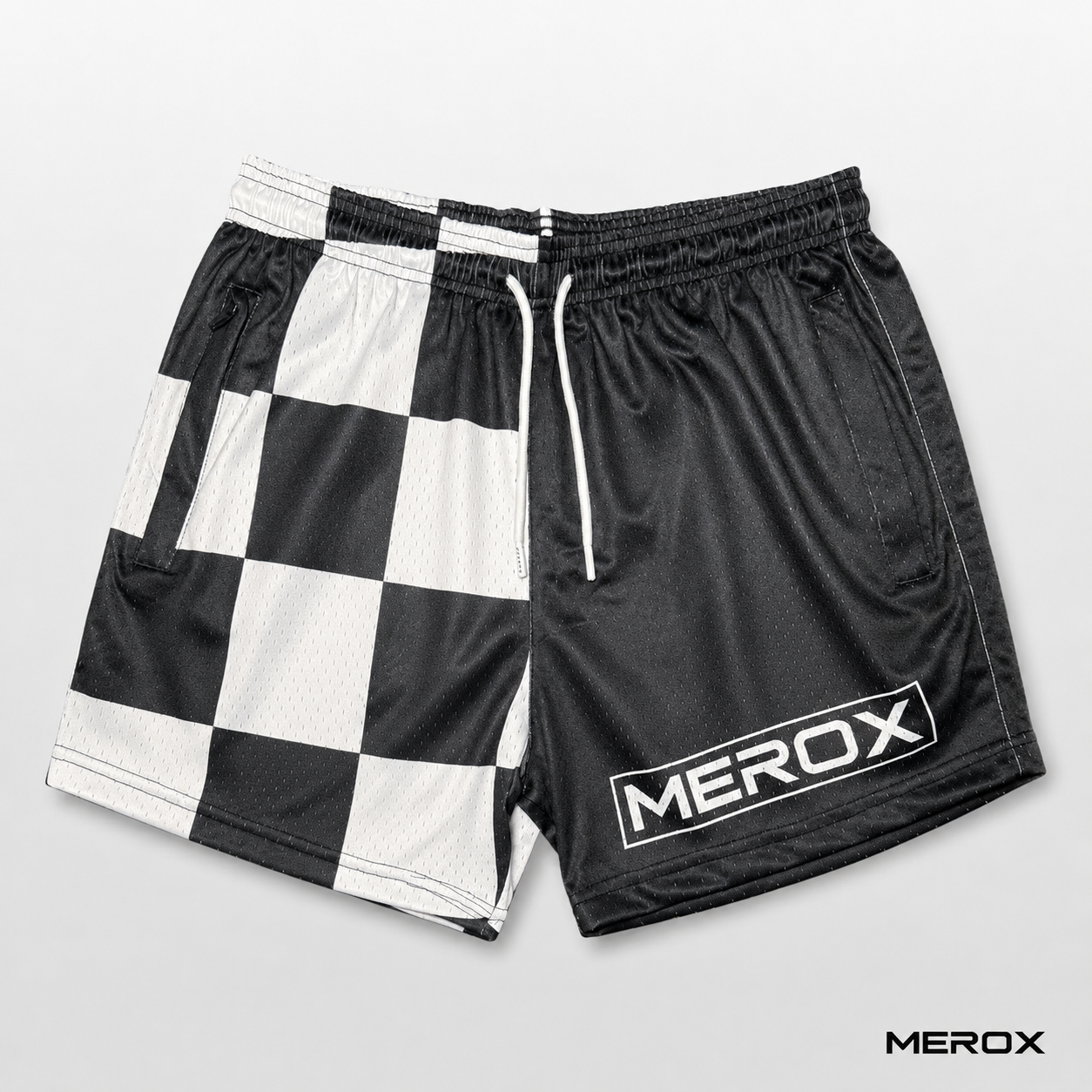 MEROX black and white checkered 5-inch mesh shorts front view