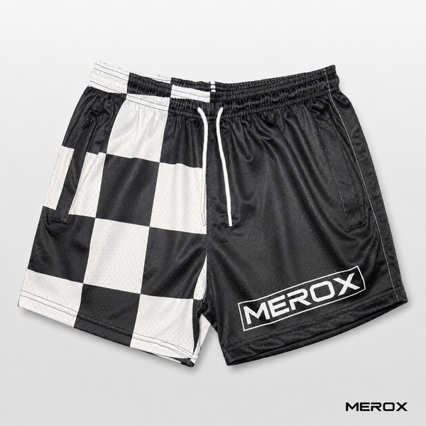 MEROX black and white checkered 5-inch mesh shorts front view