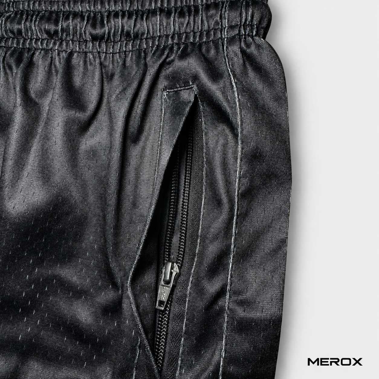 MEROX checkered mesh shorts secure zipper pocket detail