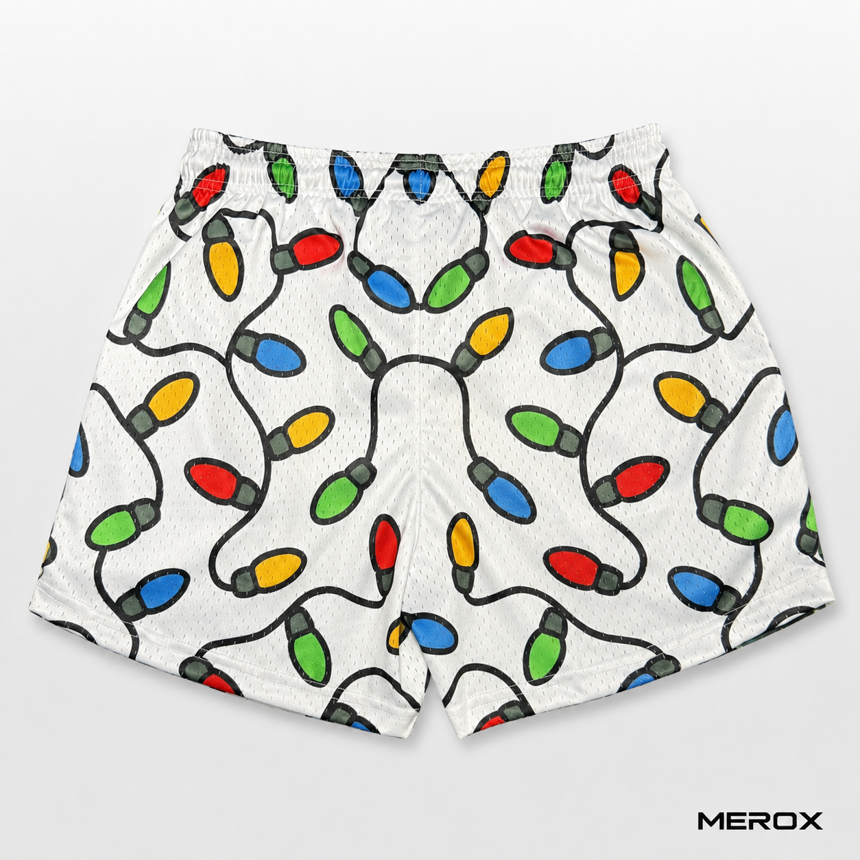 Back view of MEROX Christmas Lights mesh shorts with red green blue and yellow bulbs