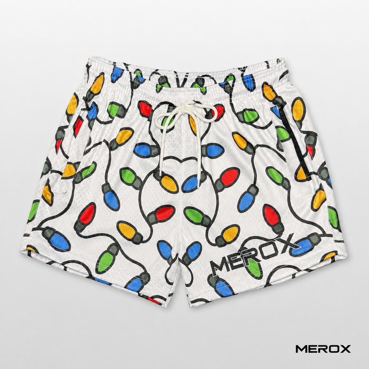 Front view of MEROX Christmas Lights 5-inch mesh shorts with multicolor holiday bulb pattern