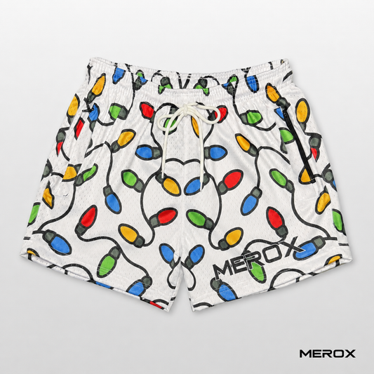 Front view of MEROX Christmas Lights 5-inch mesh shorts with multicolor holiday bulb pattern