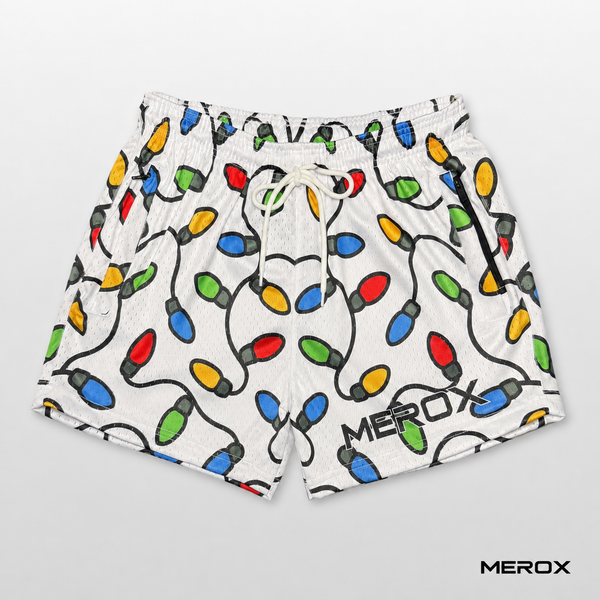 Front view of MEROX Christmas Lights 5-inch mesh shorts with multicolor holiday bulb pattern