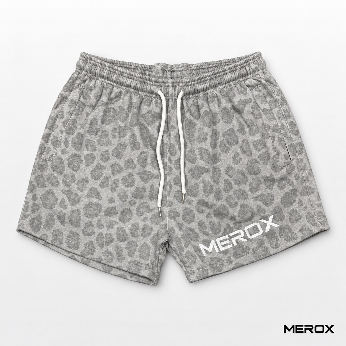 MEROX cotton gray cheetah leopard print shorts front view