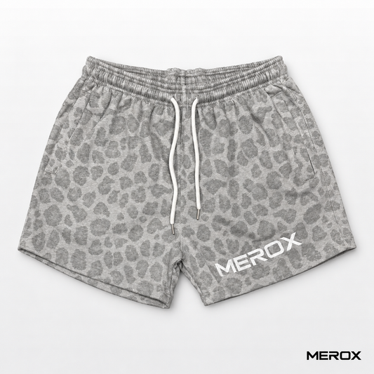 MEROX cotton gray cheetah leopard print shorts front view