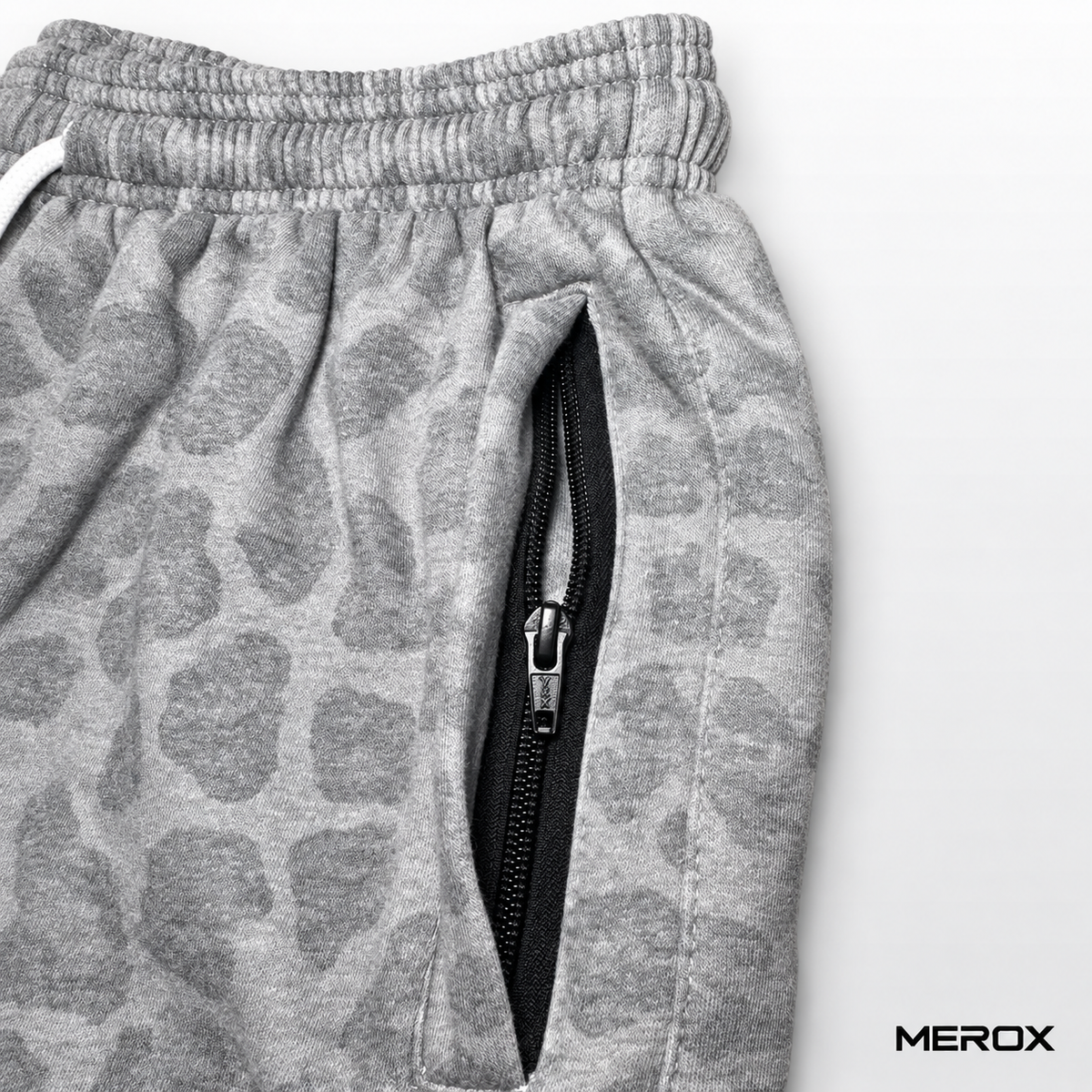 MEROX cotton gray cheetah shorts zipper pocket detail
