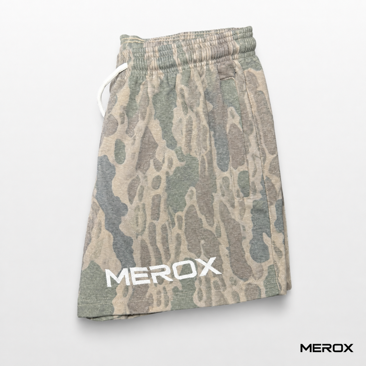MEROX Cotton Old School Camo shorts side view with logo