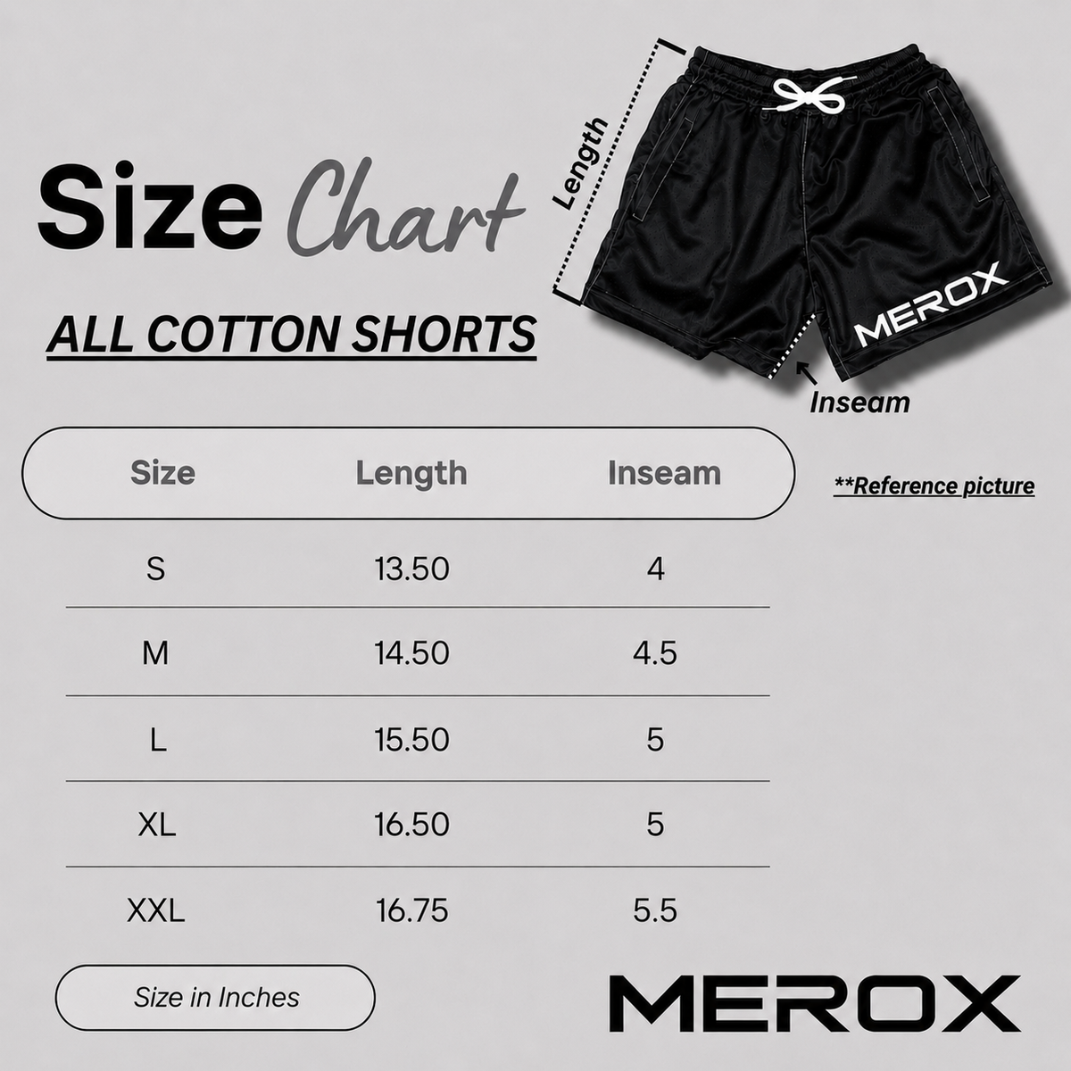 MEROX cotton shorts size chart