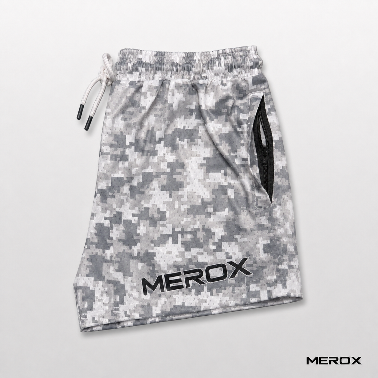 MEROX Digital Camo mesh shorts side and zipper view