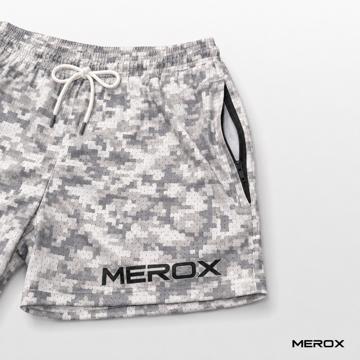 MEROX Digital Camo mesh shorts zipper pocket detail