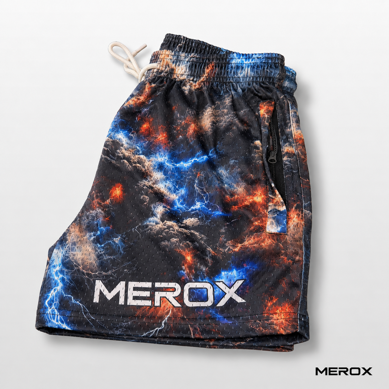 MEROX Galaxy Storm Cloud mesh shorts side view with logo