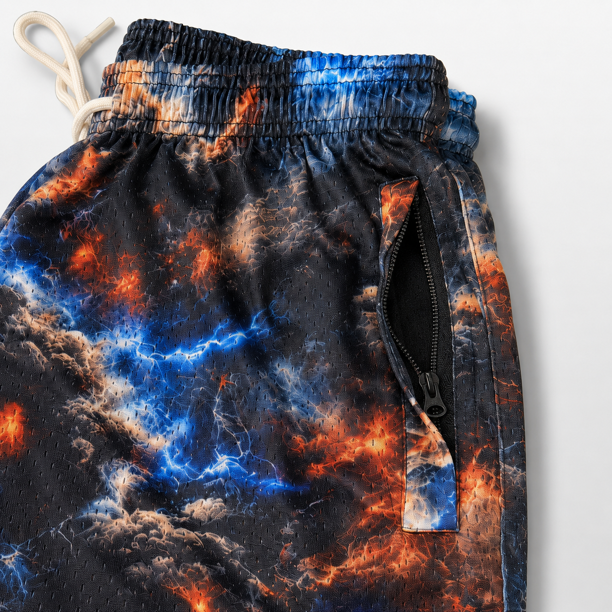 MEROX Galaxy Storm Cloud mesh shorts zipper pocket detail