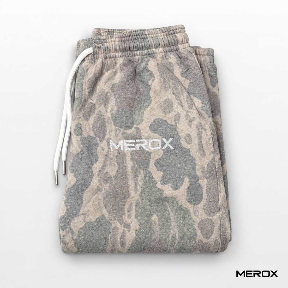 Folded MEROX Old School Camo sweatpants with drawstring