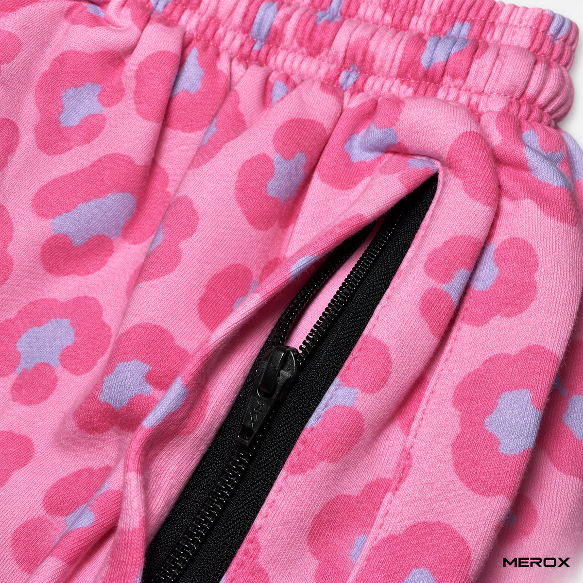 Pink leopard cheetah print cotton shorts with MEROX branding