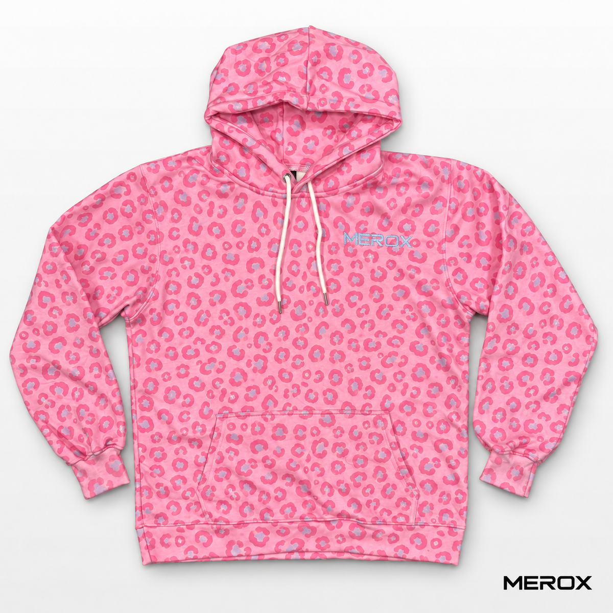 MEROX pink leopard cheetah print embroidered hoodie front view