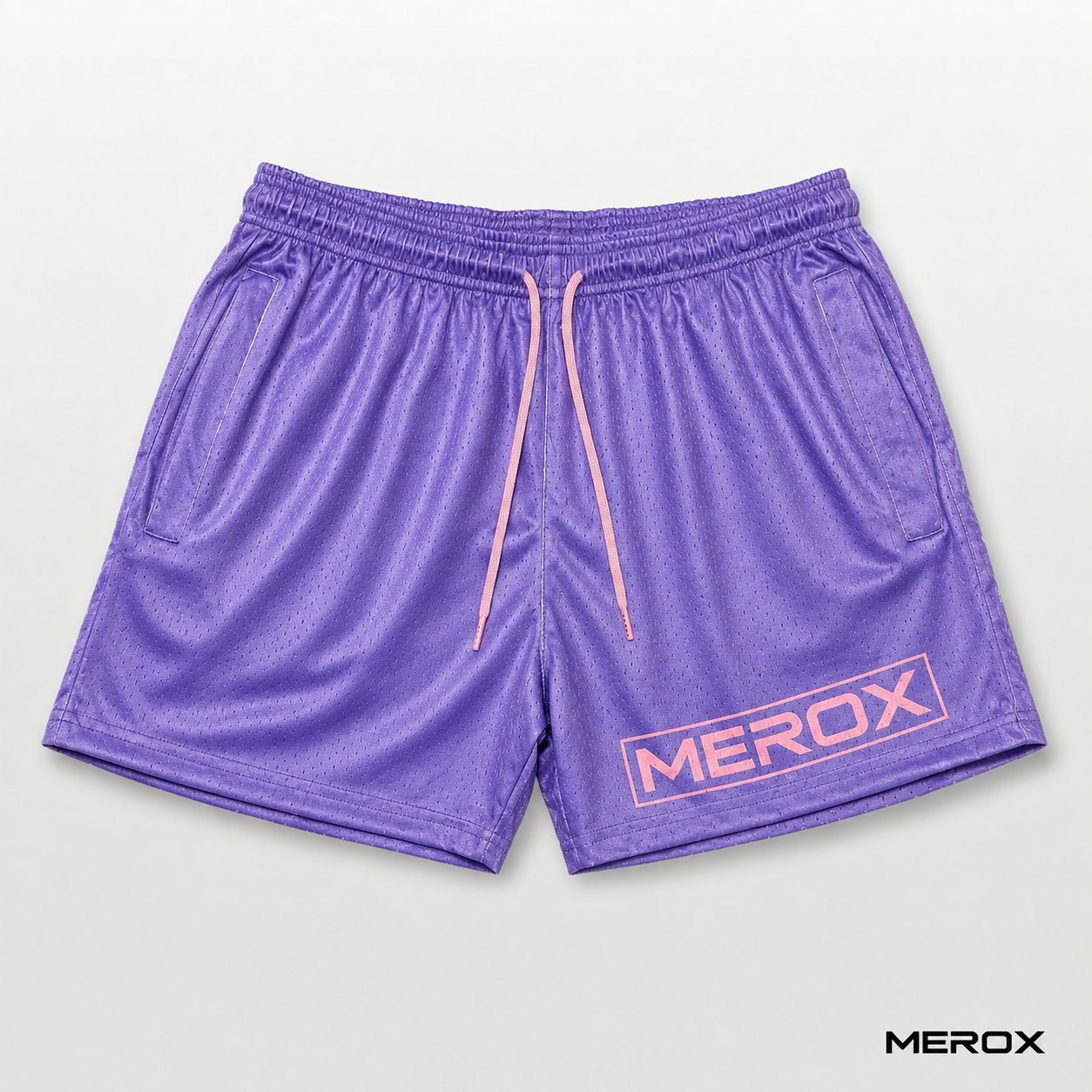MEROX purple 5-inch mesh shorts with pink drawstring front view