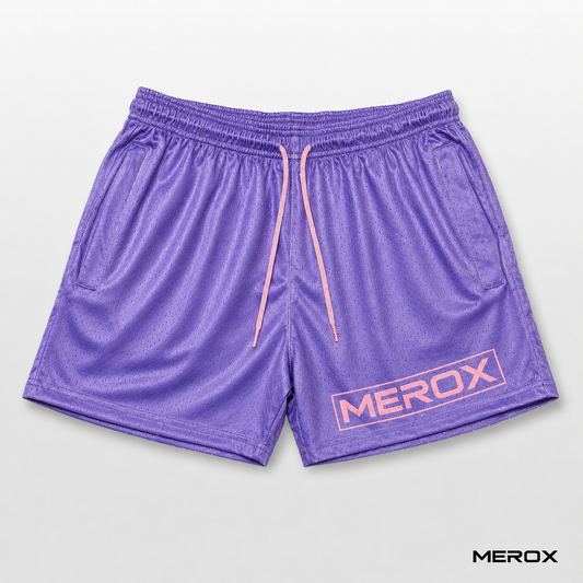 MEROX purple 5-inch mesh shorts with pink drawstring front view